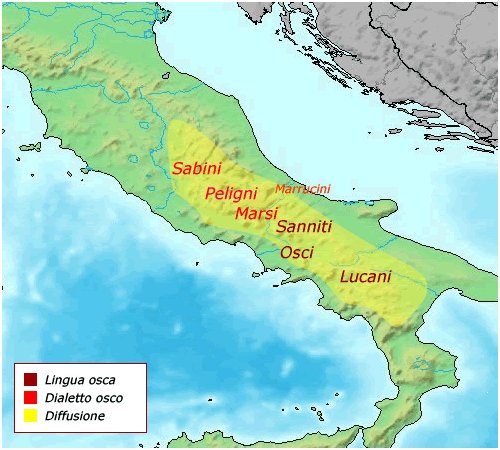 Zone di diffusione della lingua osca e popolazioni italiche che si stabilirono in queste regioni.