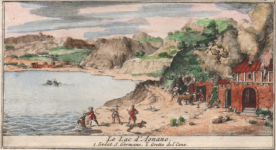 La grotta del Cane e sulla sinistra il lago di Agnano (acquaforte aquerellata tratta da Sieur de Rogissart, Les délices de l'Italie [...], Volume 3, Leida, Pierre Vander Aa, 1706).