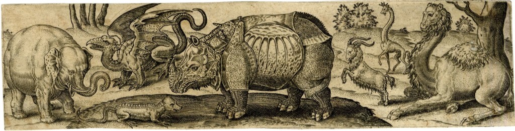 From Pliny the Elder, The Natural History, Book VIII, Ch. 11-12. Paesaggio con vari animali e altre creature (es. elefante, lucertola, drago, rinoceronte, stambecchi, giraffe e cammello). Incisione di Abraham de Bruyn (1578).