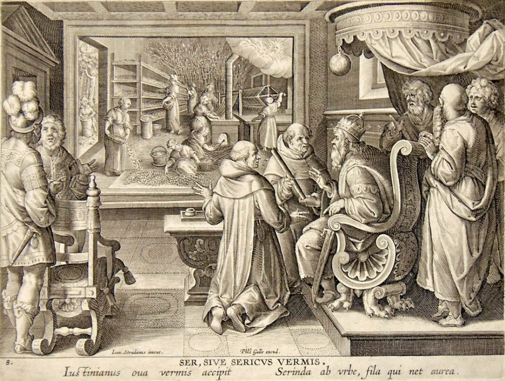 Jan Van der Straet - Ser, sive sericus vermis (incisione a bulino, Anversa, ca. 1590).